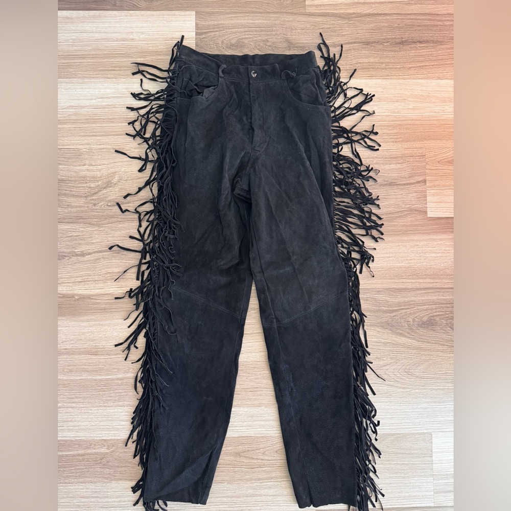 Vintage 70s 80s Black Leather Suede Festival Cowgirl Western Style Fringe Pants